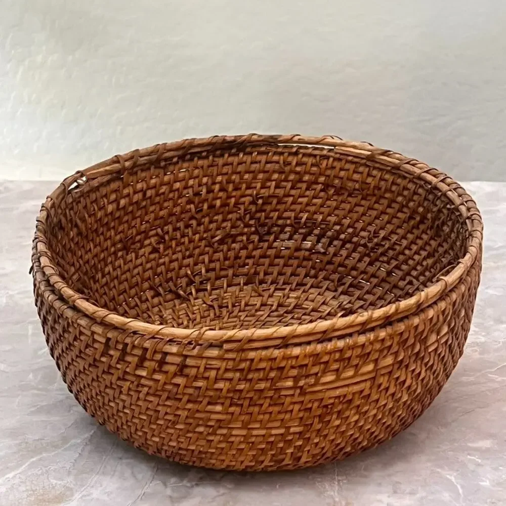 Natural Rattan Round Fruit Basket Weaved Aged Patina 10.5